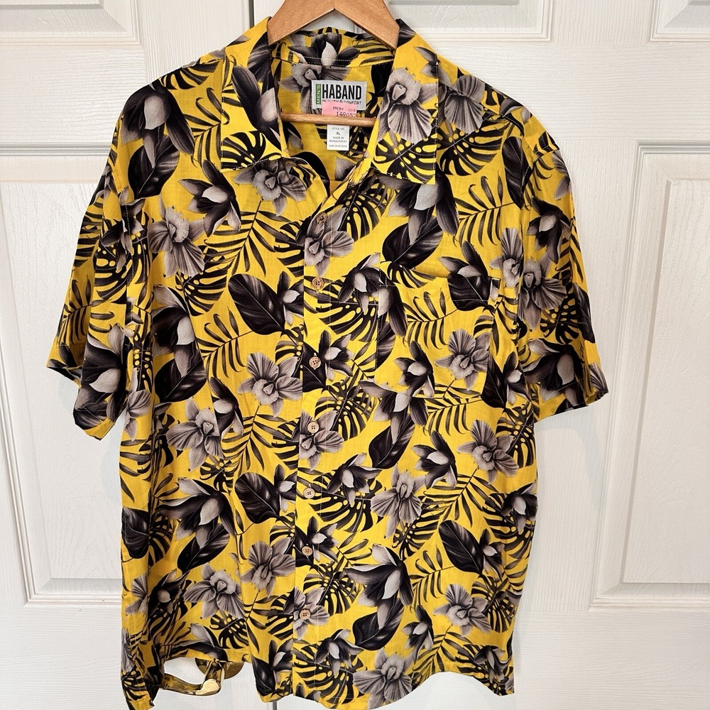 Haband Shirt Mens XL Yellow Black Floral Tropical  All‎ Over Print Hawaii